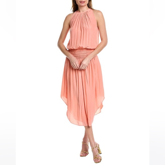 Elegant sleeveless midi dress w/ smocked waist, flowy, and luxe high neckline! - Picture 1 of 6